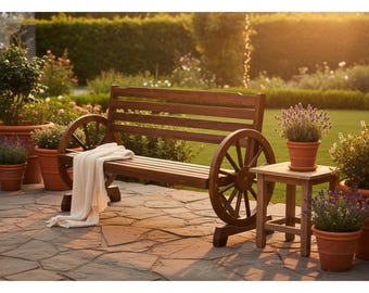 Rustic Wooden Wagon Wheel Bench: Outdoor Patio Garden Seating
