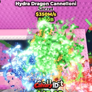 Könnte beinhalten: Eine digitale Spieloberfläche mit dem Text Hydra Dragon Cannelloni, Secret und $350M/s. Der Bildschirm zeigt eine zentrale Explosion aus hellgrünen, blauen und roten pixeligen Partikeln vor einem rosa blockgemusterten Hintergrund.