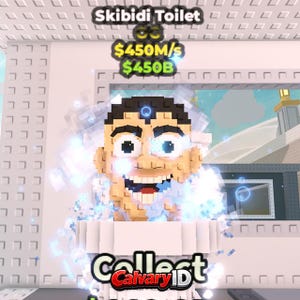 Puede incluir: Una cabeza de personaje pixelada y en bloques con cabello oscuro y una amplia sonrisa con dientes que emerge de un inodoro blanco. La imagen muestra el texto Skibidi Toilet, $450M/s, $450B y Collect CalvaryID con efectos de luz azul brillante.