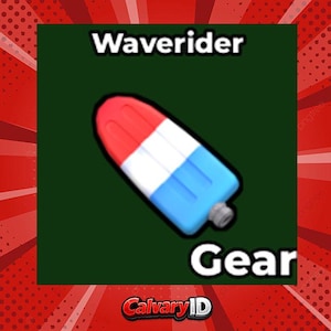 Puede incluir: Una ilustración gráfica de un polo con segmentos horizontales en rojo, blanco y azul con un pequeño conector gris en la base. El texto Waverider aparece arriba y la palabra Gear está situada debajo sobre un fondo de color verde oscuro.