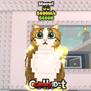 Puede incluir: Un personaje de gato pixelado y en bloques con pelaje marrón y blanco, grandes ojos verdes y una nariz rosa. Sobre el gato, el texto dice Meowl, OG, $600M/s y $600B. El personaje está rodeado por un aura amarilla brillante, con la palabra Collect abajo.