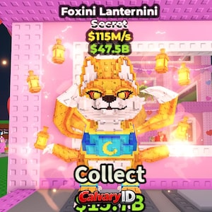 May include: A blocky, pixelated fox character named Foxini Lanternini with orange fur, white accents, and multiple tails. It wears a blue chest piece with a yellow crescent moon. Floating lanterns surround it, with text reading Secret, $115M/s, $47.5B, and Collect.
