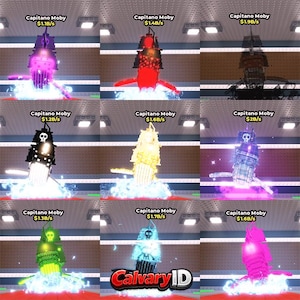 Puede incluir: Una cuadrícula de nueve personajes de juego digital titulados Capitano Moby, cada uno representando un barco estilizado con forma de ballena con colores variados, efectos brillantes y emblemas de calaveras. Cada personaje muestra un valor en dólares.