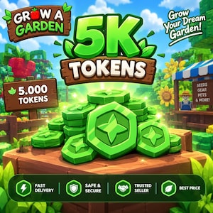 Puede incluir: Un gráfico digital para Grow A Garden con una pila de fichas hexagonales verdes. El texto incluye 5K TOKENS, 5.000 TOKENS, Grow Your Dream Garden!, SEEDS GEAR PETS & MORE!, FAST DELIVERY, SAFE & SECURE, TRUSTED SELLER y BEST PRICE.