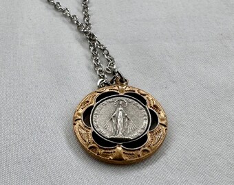 Miraculous Medal necklace with hand painted gold gilding pendant