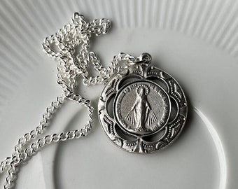 Ornate Miraculous Medal Necklace: Silver Oxidized Pendant, Made in Italy