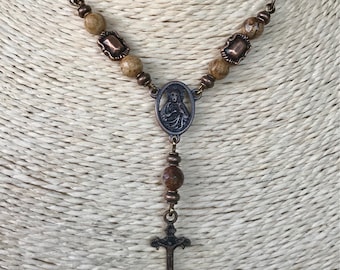 Handmade Jasper Rosary Necklace: Tibetan Copper Crucifix