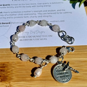 Fertility prayer bracelet, handmade gift with rose quartz beads with Saint Gerard medal, crucifix and freshwater pearl drop. Patron Saint.