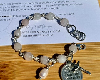 Fertility prayer bracelet, handmade gift with rose quartz beads with Saint Gerard medal, crucifix and freshwater pearl drop. Patron Saint.