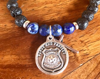 Lava Stone Police Officer Prayer Bracelet: Lapis Lazuli LEO Shield Charm