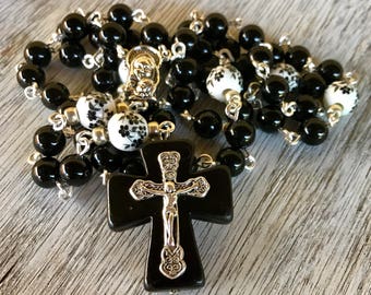 Handmade rosary with black agate 8mm beads, floral ceramic beads and dyed black turquoise cross with crucifix