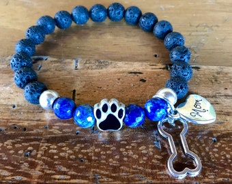 Dog Mom Bracelet: Lapis Lazuli, Lava Stone, Paw Print Charm