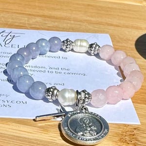 Fertility bracelet w/Saint Gerard & rose quartz. Patron saint of mothers, pregnancy. Handmade to order gift for IVF journey Infertility gift