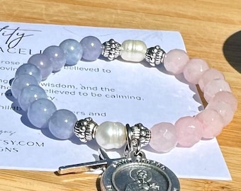 Fertility bracelet w/Saint Gerard & rose quartz. Patron saint of mothers, pregnancy. Handmade to order gift for IVF journey Infertility gift