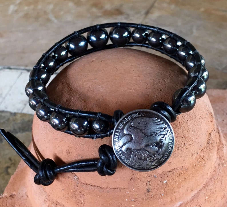 Hematite gemstone leather wrap bracelet handmade with eagle Etsy