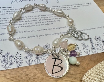 Personalized Graduation Gift Bracelet – Miraculous Medal & Baroque Pearl – Two Tone Mixed Metal – Amethyst Rose Quartz Amazonite Citrine