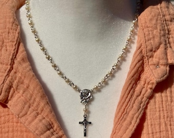 Delicate Baroque Pearl Rosary Necklace: Miyuki Glass Bead Lariat style, Handmade to order. Customizable with different center and drop.