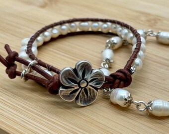 Handmade Freshwater Pearl Leather Wrap Bracelet with Flower Clasp