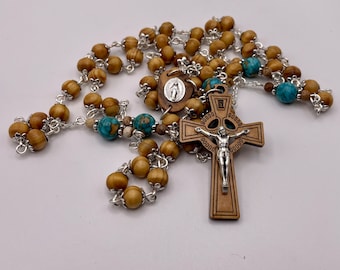 Handmade Turquoise Rosary: Wooden Beads, Miraculous Medal, Gift Box
