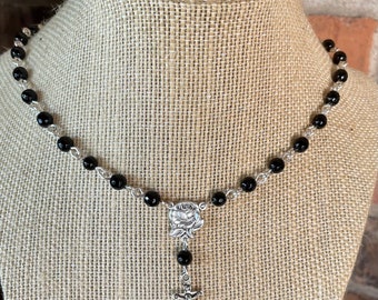 Black Onyx Rosary Necklace: Delicate Faceted Bead Crucifix