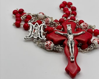 Handmade Red Rosary: Ceramic & Synthetic Turquoise Beads, Divine Mercy Centerpiece