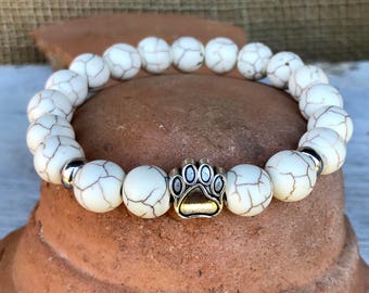 Handmade White Bracelet: Silver Paw Print, Rustic Pet Lover Jewelry
