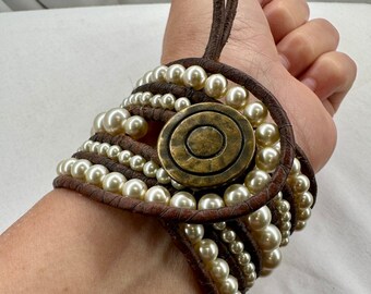 Beaded Cuff Bracelet: Glass Pearls, Brown Leather, Bronze Button