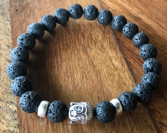 Handmade Black Lava Stone Stretch Bracelet with Buddha Bead