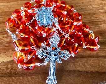 Handmade Orange Czech Glass Rosary: Ornate Silver Crucifix & Medal