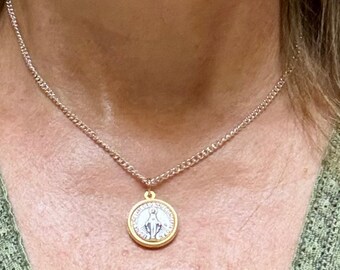 Miraculous Medal Necklace: Two-Tone Religious Pendant, Made in Italy