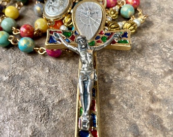 Handmade Rosary: Mixed Color Glass Beads, St. Christopher Center