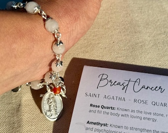 Handmade breast cancer prayer bracelet with Saint Agatha medal, healing gemstones, crucifix and &quot;Hope&quot; ribbon.