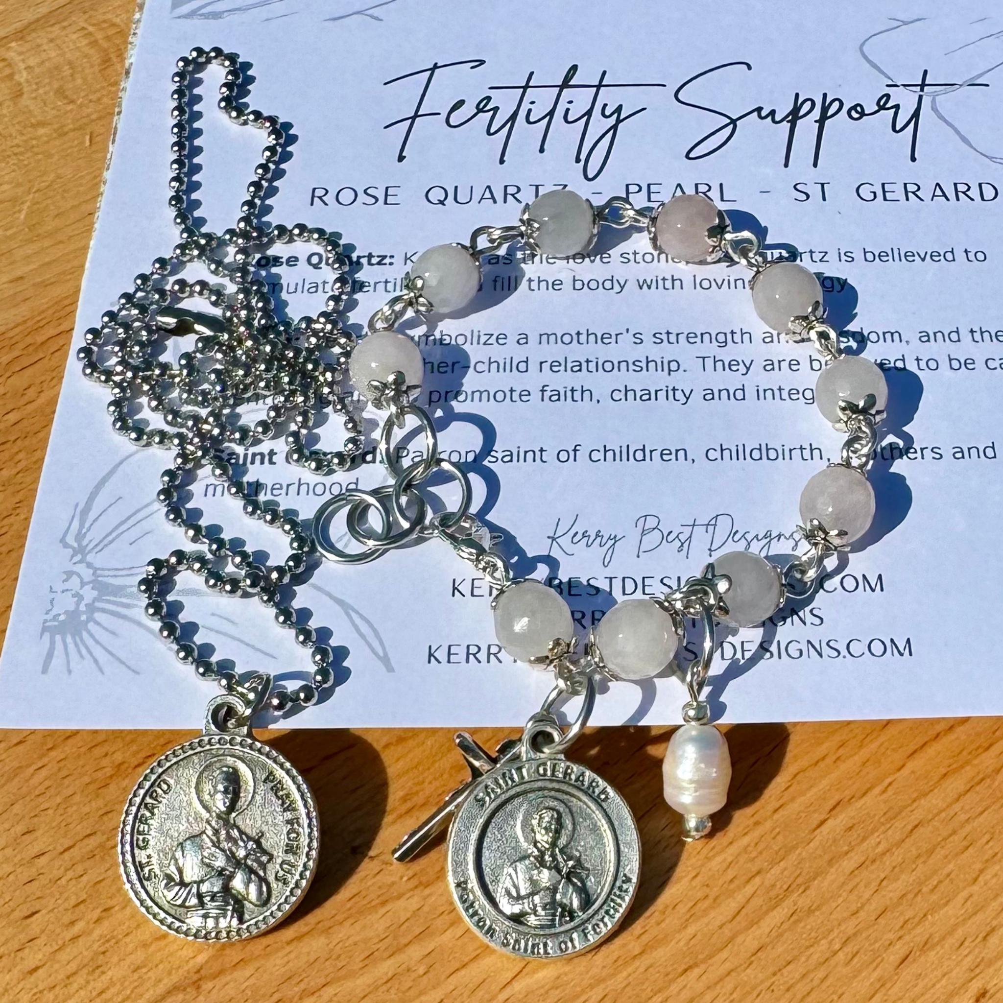 Fertility Prayer Couple's Gift Set, Handmade-to-order Rose Quartz Beads, Saint Gerard. Patron Saint of Fertility, motherhood, pregnancy.