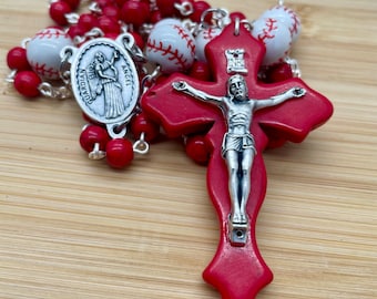 Handmade Baseball Rosary: Red Turquoise Beads, Guardian Angel Centerpiece