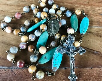 Handmade Rosary: Crazy Agate & Turquoise Gemstone Beads, Bronze Miraculous Medal