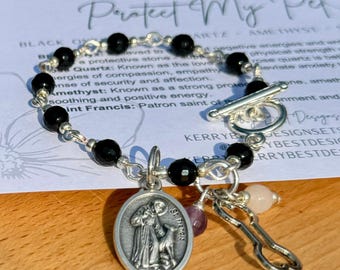 Saint Francis Pet Protection Bracelet: Black Onyx, Rose Quartz, Amethyst