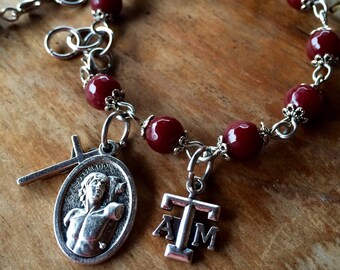 Athlete prayer bracelet w/ St. Sebastian. Choose your team color sport/charm. Handmade w/ genuine gemstone beads, crucifix & choice of charm