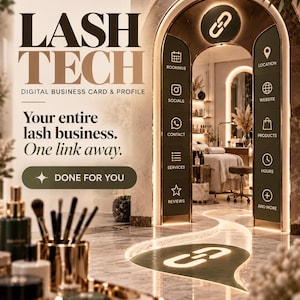 May include: A digital business profile advertisement for lash technicians featuring the text DigitalYouniverse, LASH TECH, and Your entire lash business. One link away. The design includes a gold-arched doorway with icons for bookings, socials, contact, services, reviews, location, website, products, hours, and more.