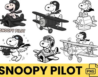 Snoopy inspired Pilot PNG: Retro Flying Ace Airplane Clipart (300 DPI)