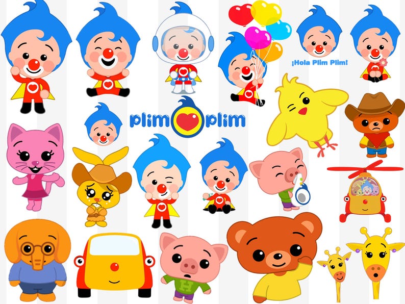May include: A collection of cartoon character illustrations, including a clown with blue hair, a pink cat, a yellow car, and a brown bear. The characters are in various poses and outfits, with bright colors and a playful style.
