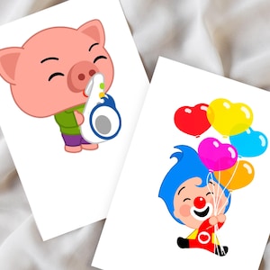 May include: Two white cards with cartoon illustrations. One features a pink pig playing a wind instrument, wearing a green shirt and purple pants. The other shows a clown holding heart-shaped balloons in red, yellow, pink, blue, and orange.