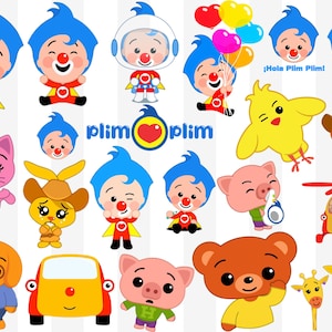 May include: A collection of cartoon character illustrations, including a clown with blue hair, a pink cat, a yellow car, and a brown bear. The characters are in various poses, some holding balloons or wearing costumes. The image has a white background.