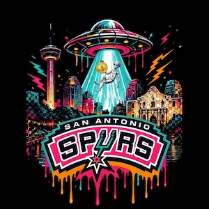 May include: A graphic design featuring the San Antonio Spurs logo with a cityscape, an alien in a basketball uniform, and a UFO. The design includes the Alamo, the Tower of the Americas, and the text "San Antonio Spurs". The color palette includes pink, teal, orange, and black.