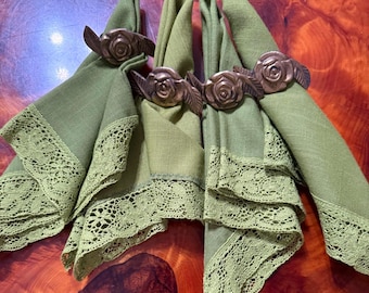 Vintage Brass Rose Napkin Rings with Green Lace Cloth Napkins Set of 4