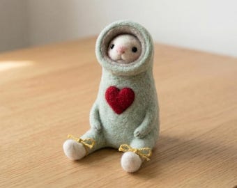Hooded Forest Sprite Felt Creature, Handmade Needle Felted Wool Doll, Heart Patch Goblin, Cottagecore Gift