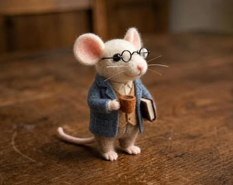 Needle Felted Mouse Cornelius, Wool Animal Scholar, Wire Glasses, Book, Coffee Mug, Folk Art