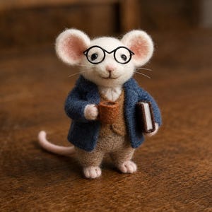 Nadelfilzmaus Cornelius, Wolltier Gelehrter, Drahtbrille, Buch, Kaffeetasse, Volkskunst