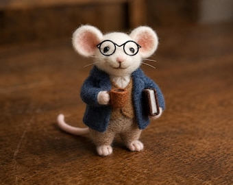 Needle Felted Mouse Cornelius, Wool Animal Scholar, Wire Glasses, Book, Coffee Mug, Folk Art