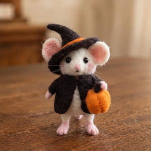 May include: A needle-felted white mouse figurine wearing a black witch hat with an orange band and a matching black cape. The mouse has pink inner ears and cheeks, black bead eyes, and is holding a small, textured orange pumpkin in one hand.