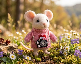 Nålfiltad mus med miniatyrkamera och rosa hjärtatröja | 11 cm handgjort djur | Sött skrivbordsdjur | Present till henne | Mjuk konstskulptur